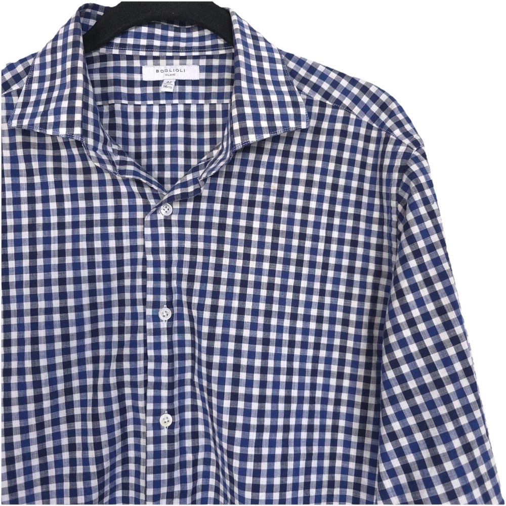 BOGLIOLI MILANO Men's Shirt Size‎ 42 - 16.5 Check Navy White Black Plaid